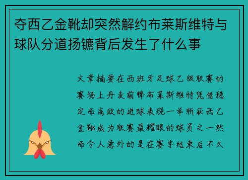 夺西乙金靴却突然解约布莱斯维特与球队分道扬镳背后发生了什么事